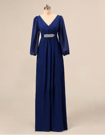 Designer Empire V-Neck Blue Chiffon Formal Mother of the Bride Dress with Long Sleeves