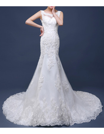 Affordable Elegant Sheath Court Train Satin Tulle Applique Wedding Dress