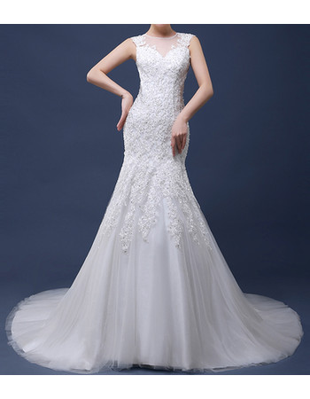 Inexpensive Elegant Sheath Court Train Satin Tulle Applique Wedding Dress