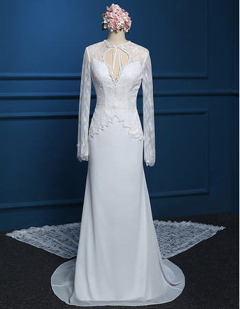 Cheap Modern Chiffon Wedding Dress with Long Lace Sleeves and Train