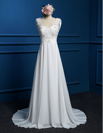 Classic Elegant A-Line Round Empire Sweep Train Chiffon Wedding Dress