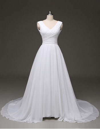 Ball Gown V-Neck Court Train Chiffon Pleated Plus Size Wedding Dress