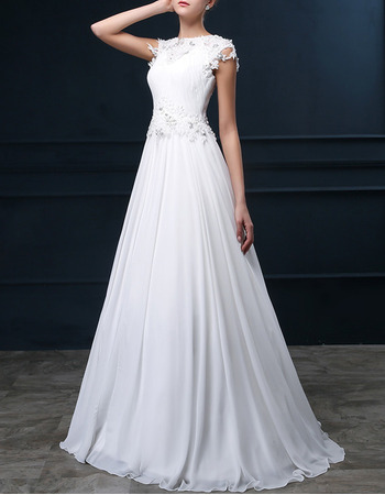 Romantic A-Line Bateau Sweep Train Chiffon Applique Wedding Dress