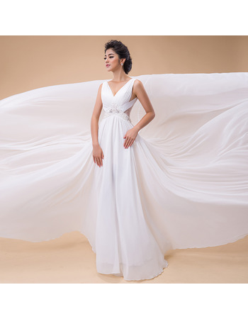 Inexpensive Romantic A-Line V-Neck Chapel Train Chiffon Beach Wedding Dress