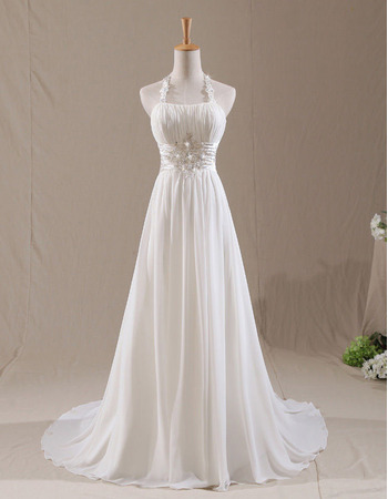 Custom Classy A-Line Halter Court Train Chiffon Pleated Wedding Dress