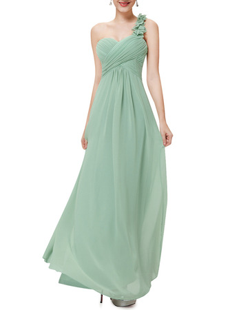 Fashionable One Shoulder Sweetheart Long Green Chiffon Bridesmaid Dress for Wedding