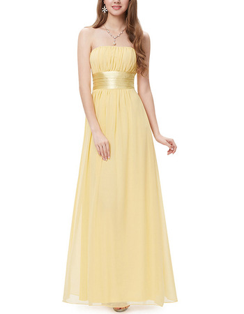 Simple Elegant Strapless Long Chiffon Pleated Bridesmaid Dress with Sashes