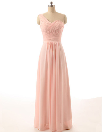 Women's Best One Shoulder Long Chiffon Pink Pleated Bridesmaid Dress