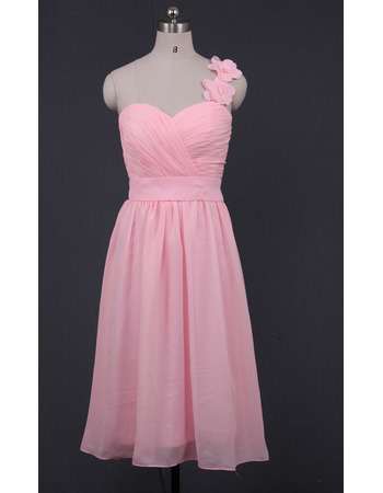Modest One Shoulder Sweetheart Short Pink Chiffon Bridesmaid Dress