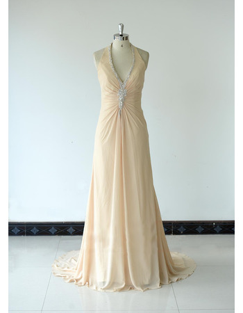 Simple Halter V-Neck Floor Length Chiffon Bridesmaid Dress