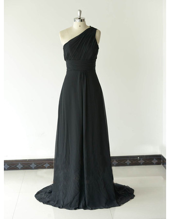 Inexpensive Classy One Shoulder Long Chiffon Black Bridesmaid Dress