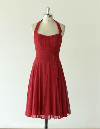 Affordable Sexy Halter Knee Length Red Chiffon Bridesmaid/ Wedding Party Dress