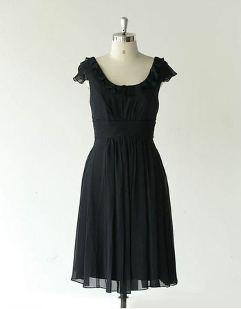 Affordable Cap Sleeves Knee Length Chiffon Black Bridesmaid Dress