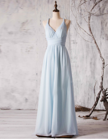 Modest Spaghetti Straps V-Neck Long Chiffon Bridesmaid Wedding Dress