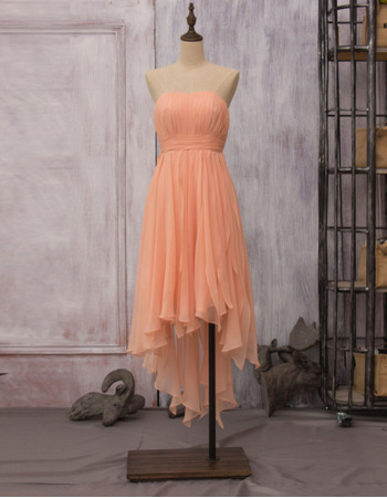 Elegant Strapless High-Low Chiffon Draped Skirt Beach Bridesmaid Dress