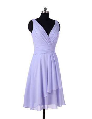 Simple Vintage V-Neck Knee Length Chiffon Bridesmaid/ Wedding Party Dress