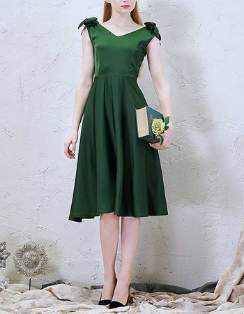 Modest V-Neck Sleeveless Knee Length Green Satin Cocktail Dress with Bows