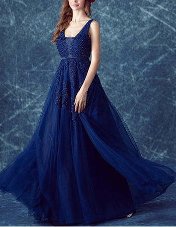 Beautiful Elegant V-Neck Floor Length Blue Organza Formal Evening Dress