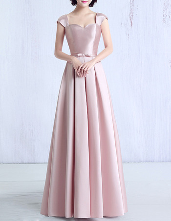 Womens Modest Sweetheart Cap Sleeves Long Satin Prom Evening Dress