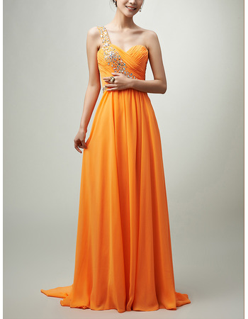 Womens Custom One Shoulder Floor Length Chiffon Prom Evening Dress