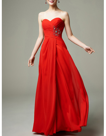 Simple Classy Sweetheart Floor Length Red Chiffon Prom Evening Dress
