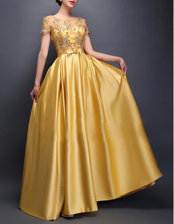 Women Elegant Floor Length Satin Prom Evening Dress with Short Sleeves