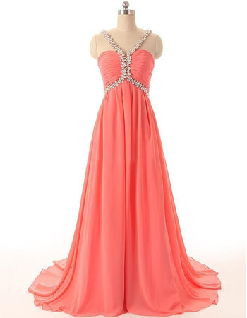 Classic Empire V-Neck Floor Length Chiffon Formal Evening Wear Dress