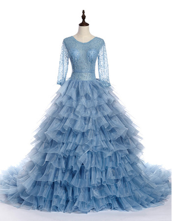Beautiful Ball Gown Layered Skirt Beaded Quinceanera Dress with Long Sleeves