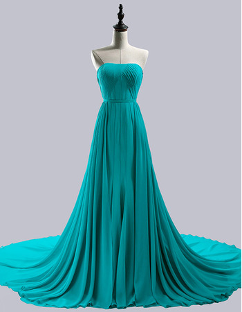 Beautiful Simple Strapless Chapel Train Chiffon Prom Evening Dress