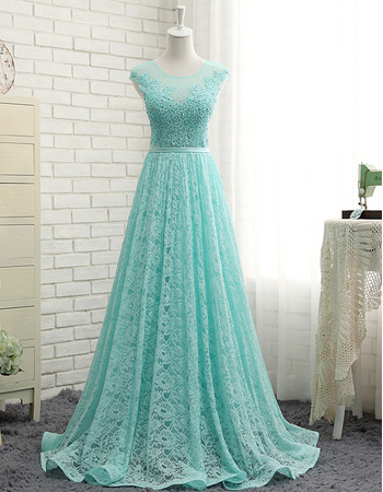 Beautiful A-Line Sweep Train Long Lace Formal Prom Evening Dress for Women