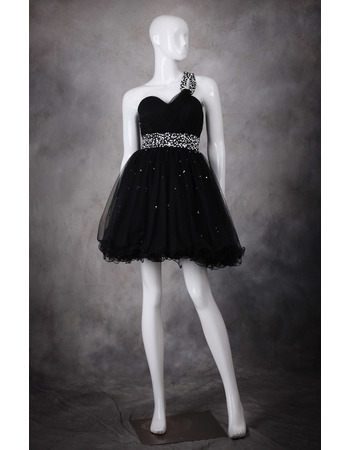 Girls Cute A-Line One Shoulder Short Organza Black Homecoming Dress