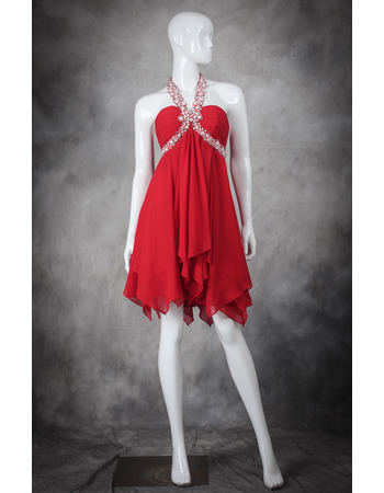 Junior Empire Waist Halter Sleeveless Short Red Chiffon Homecoming Dress