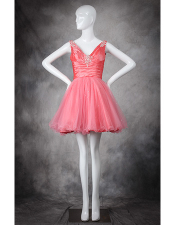 Cheap Pretty A-Line V-Neck Short/ Mini Taffeta Organza Homecoming Dress