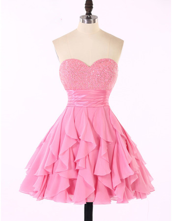 Affordable Classy Sweetheart Chiffon Ruffled Skirt Beaded Homecoming Dress