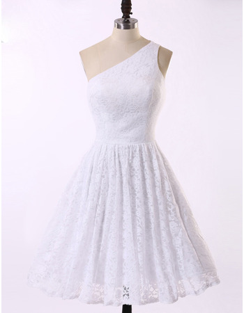 Inexpensive Simple A-Line One Shoulder Knee Length White Lace Homecoming Dress