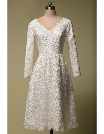 Inexpensive V-Neck Tea Length Lace White Homecoming Dress with Long Sleeves