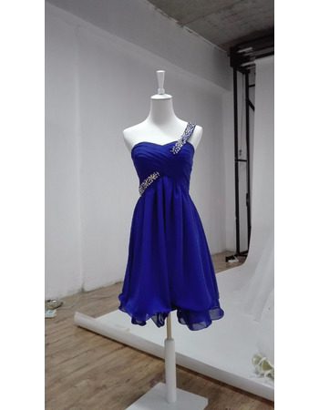 Best One Shoulder Knee Length Blue Chiffon Lace-Up Homecoming Dress