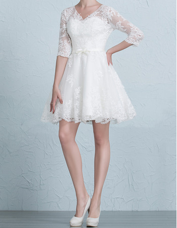 Fashionable Informal V-Neck Short/ Mini Wedding Dress with 3/4 Long Sleeves
