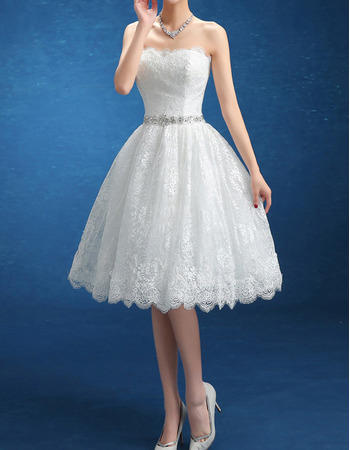 Custom Classic Ball Gown Strapless Knee Length Lace Short Wedding Dress