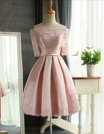Informal Off-the-shoulder Pink Short Wedding Dress with Half Sleeves