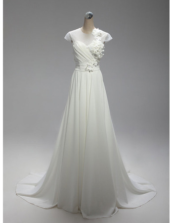 Women's Beautiful A-Line Long Chiffon Beach Wedding Dress with Short Sleeves