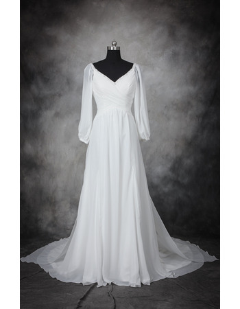 Custom Designer V-Neck Floor Length Chiffon Plus Size Wedding Dress with Long Sleeves