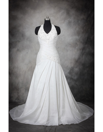 Discount Classy Sheath Halter Sleeveless Court Train Taffeta Plus Size Wedding Dress