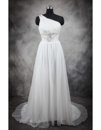 Stylish Simple One Shoulder Sweep Train Satin Plus Size Bridal Wedding Dress