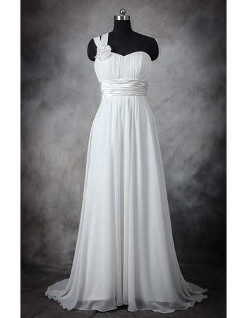 Elegant One Shoulder Sleeveless Sweep Train Chiffon Plus Size Wedding Dress