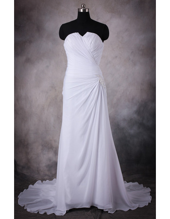 Affordable Custom Sheath Strapless Sweep Train Chiffon Plus Size Wedding Dress