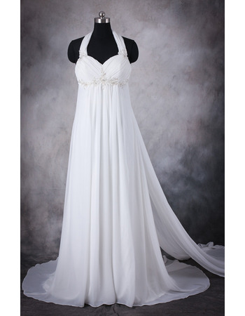 Stylish Empire Waist Halter Sleeveless Sweep Train Chiffon Plus Size Wedding Dress