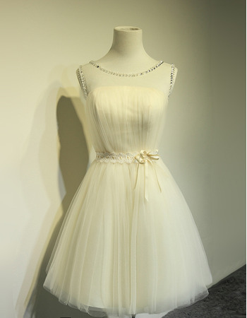 Custom Informal A-Line Sleeveless Satin Tulle Lace-Up Short Wedding Dress