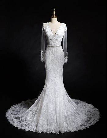 Charming Sheath V-Neck Lace Wedding Dress with Long Sleeves