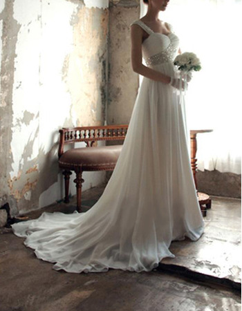Women's Chic Sweetheart Sweep Train Chiffon Wedding Dress with Straps